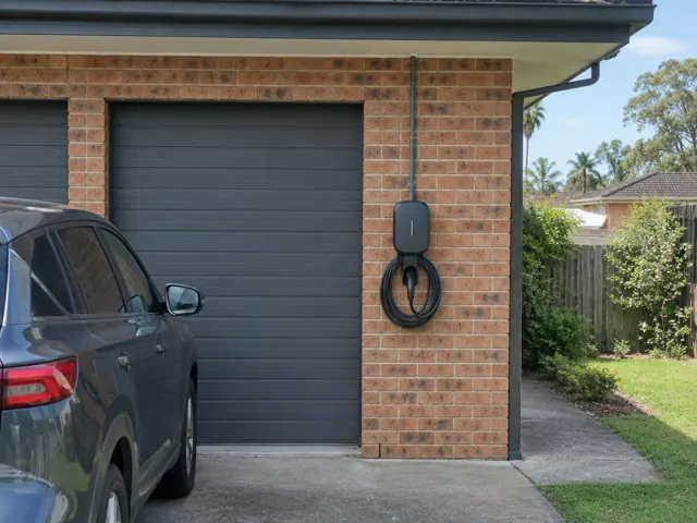 Wall-mounted EV charger on a brick garage wall beside a driveway and closed roller door in Warnervale