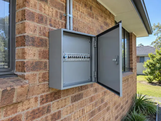 Open external switchboard on a brick house wall beside windows in Warnervale